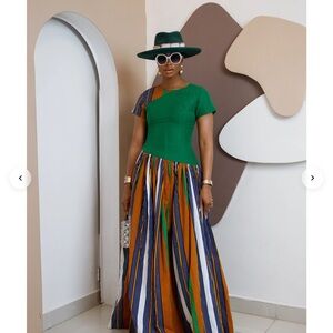 Obioma - Green Short-Sleeve Bodice Maxi Dress with Multicolor skirt